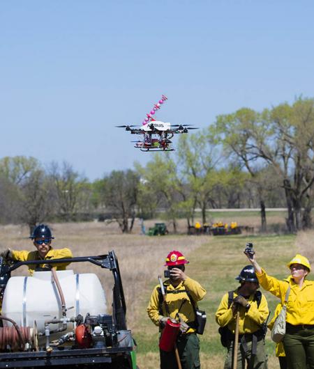 A University of Nebraska prototype drone drops fire-starting balls. Photo: University of Nebraska