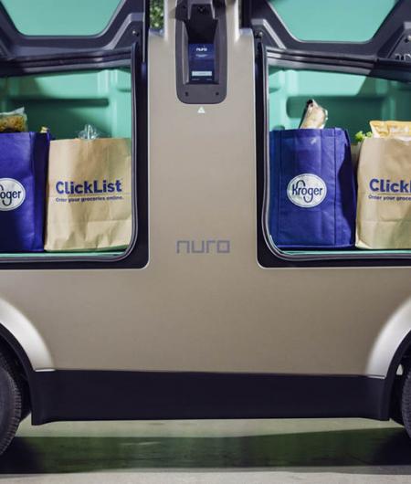 A Nuro self-driving vehicle prepares to deliver Kroger groceries. Photo: Kroger