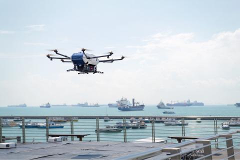 Airbus has begun shore-to-ship trials in Singapore with its Skyways parcel delivery drone. Photo: Airbus