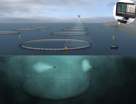 An autonomous vessel, an ROV and a drone are key components in the unmanned fish farm facility currently under development in Trondheim. Illustration: SINTEF