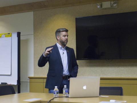 Mark Blanks, director of the Virginia Tech Mid-Atlantic Aviation Partnership (MAAP), speaks during a media briefing in Washington, D.C.