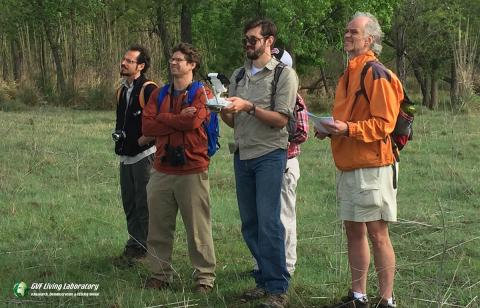 University of Oklahoma researchers observe a DJI Phantom 3 UAS in flight at Green Valley Farms Living Laboratory. Photo: GVFLL University of Oklahoma researchers observe a DJI Phantom 3 UAS in flight at Green Valley Farms Living Laboratory. Photo: GVFLL