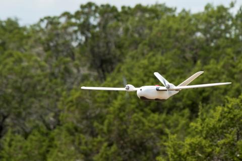 A UAS flies over Camp Bullis, Texas, during a field test Sept. 4, 2019. U.S. Air Force photo by Malcolm McClendon