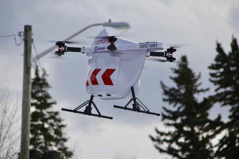 Drone Delivery Canada's X1000 Sparrow cargo delivery UAS during Moose Cree tests. Photo: Drone Delivery Canada.