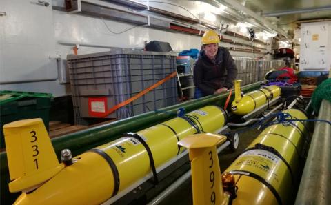 Dr Marie Porter of SAMS with slocum gliders, one of which helped her uncover a hidden Arctic eddy. Photo: Dr Emily Venables/SAMS