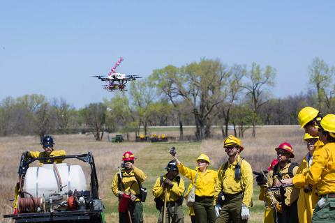 A University of Nebraska prototype drone drops fire-starting balls. Photo: University of Nebraska A University of Nebraska prototype drone drops fire-starting balls. Photo: University of Nebraska