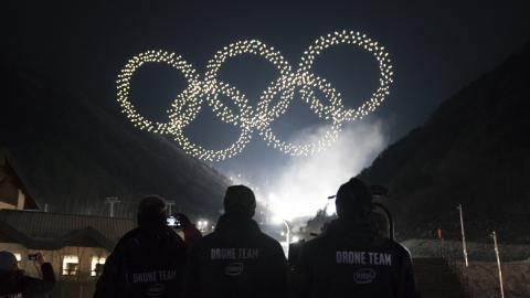Intel Shooting Star drones form the Olympics rings as part of the Olympic Winter Games PyeongChang 2018 opening ceremony drone light show. Photo: Intel Corporation
