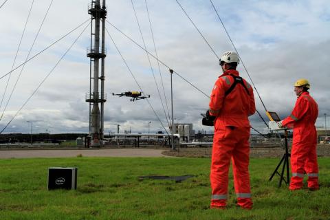 Malcolm Connolly (left) and Chris Fleming of Cyberhawk, an aerial inspection and surveying company, use an Intel Falcon 8+ system during the inspection of an operating gas terminal in St Fergus, Scotland. Photo courtesy of Intel.
