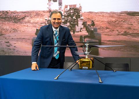 AV's CEO poses with a model of the Mars Helicopter. Photo: AeroVironment AV's CEO poses with a model of the Mars Helicopter. Photo: AeroVironment