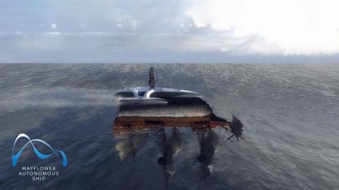CGI visualization of the Mayflower Autonomous Ship at sea with a reflection of the original Mayflower, inspiration for the project. Credits: University of Birmingham’s Human Interface Technologies Team (HIT)