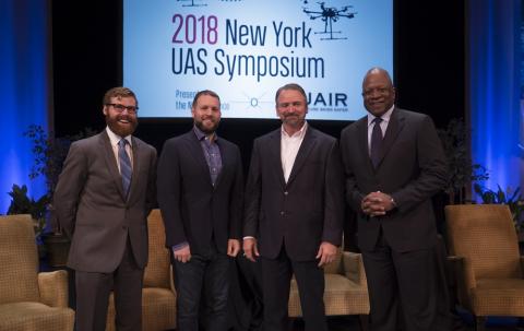 From left to right: Matthew Satterley, Public Policy Manager, AirMap; Greg McNeal, Co-Founder, AirMap; Major General Marke F. “Hoot” Gibson, Chief Executive Officer, NUAIR Alliance; Von Cameron, SVP Worldwide Sales, AirMap. Photo: NUAIR Alliance