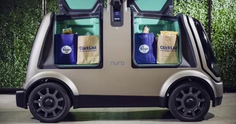 A Nuro self-driving vehicle prepares to deliver Kroger groceries. Photo: Kroger