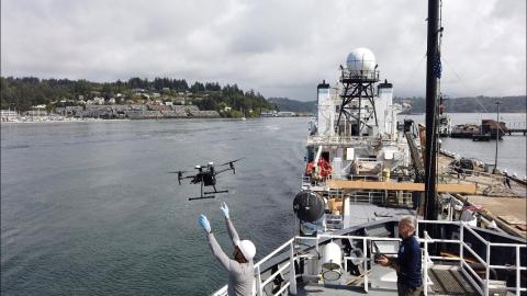 Oceans Unmanned, in partnership with DARTDrones, recently trained seven NOAA ship officers and Navigation Response Team members on drone operations at the NOAA Marine Operations Center in Newport, OR. Photo: Oceans Unmanned