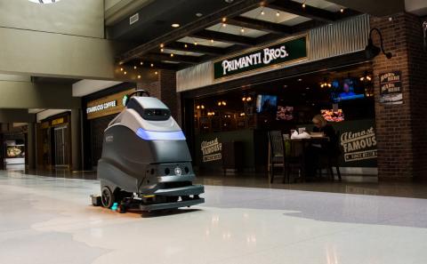 PIT has teamed up with Pittsburgh-based Carnegie Robotics to deploy autonomous floor scrubbers that use UV technology designed to kill microbes in high-traffic areas. (Photo by Beth Hollerich)