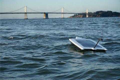 The Sofar Strider autonomous surface vehicle ventures towards the Bay Bridge in the San Francisco Bay. Photo: PRNewswire