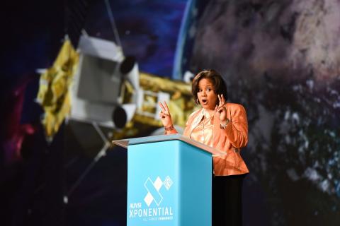 Lockheed Martin's Stephanie Hill addresses the crowd during her Xponential Keynote address. Photo: becphotography