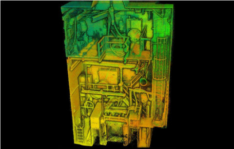 Complicated underground environments such as this crusher station can be easily captured in a single scan, to validate as-built conditions, and for clash detection for new engineering. (Sudbury, Canada)