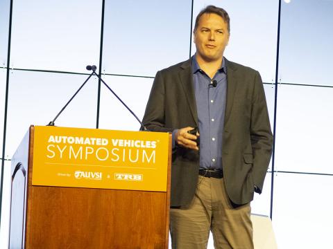 Aurora's Chris Urmson addresses the AVS conference. Photo: AUVSI