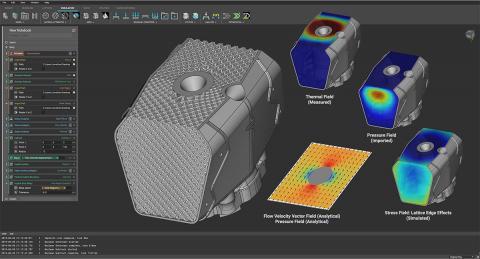 Screenshot demonstrates the effects on design of a broad range of multiphysics fields, which are being explored and evaluated through a hypothetical engine cylinder model in nTop Platform.