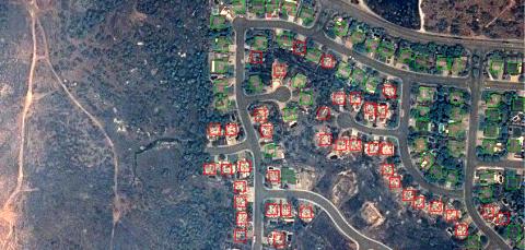 An aerial view of the Carr fire's destruction, which data showing which houses have been destroyed. Photo: Airbus Aerial An aerial view of the Carr fire's destruction, which data showing which houses have been destroyed. Photo: Airbus Aerial